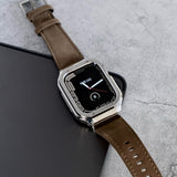 【シルバーステンレス&レザー一体式バンド】ステンレスケース+レザーベルト一体式  Apple Watch