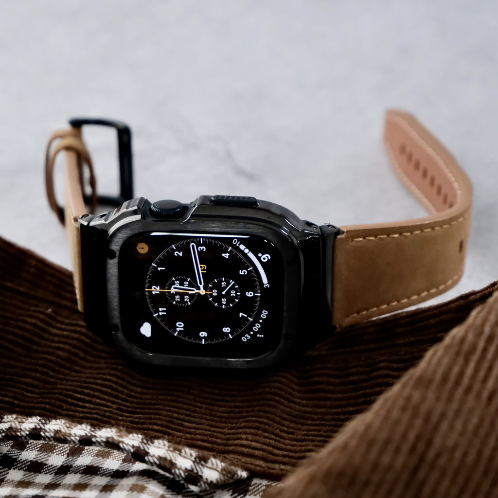 【ブラックステンレス&レザー一体式バンド】ステンレスケース+レザーベルト一体式  Apple Watch