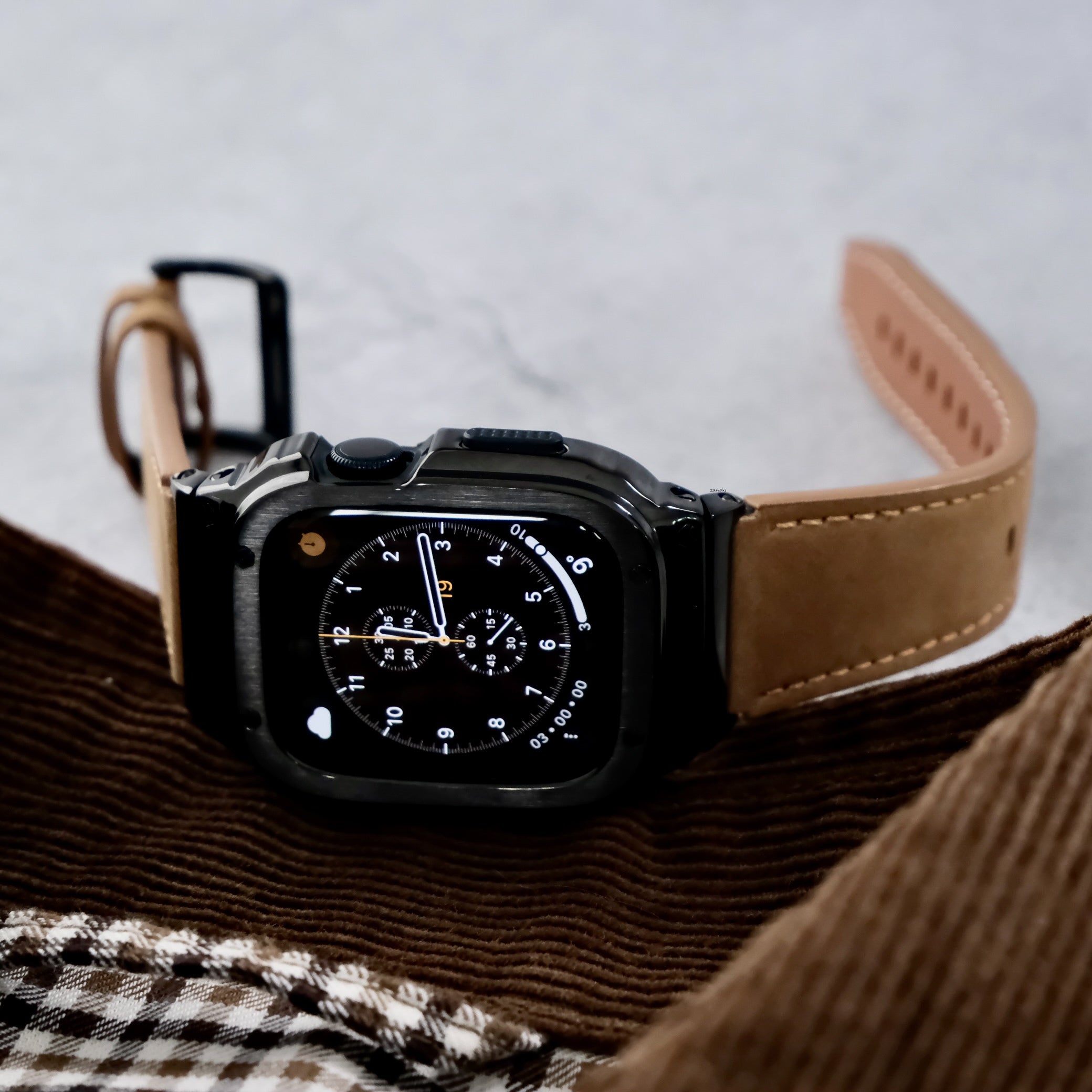 【ブラックステンレス&レザー一体式バンド】ステンレスケース+レザーベルト一体式  Apple Watch