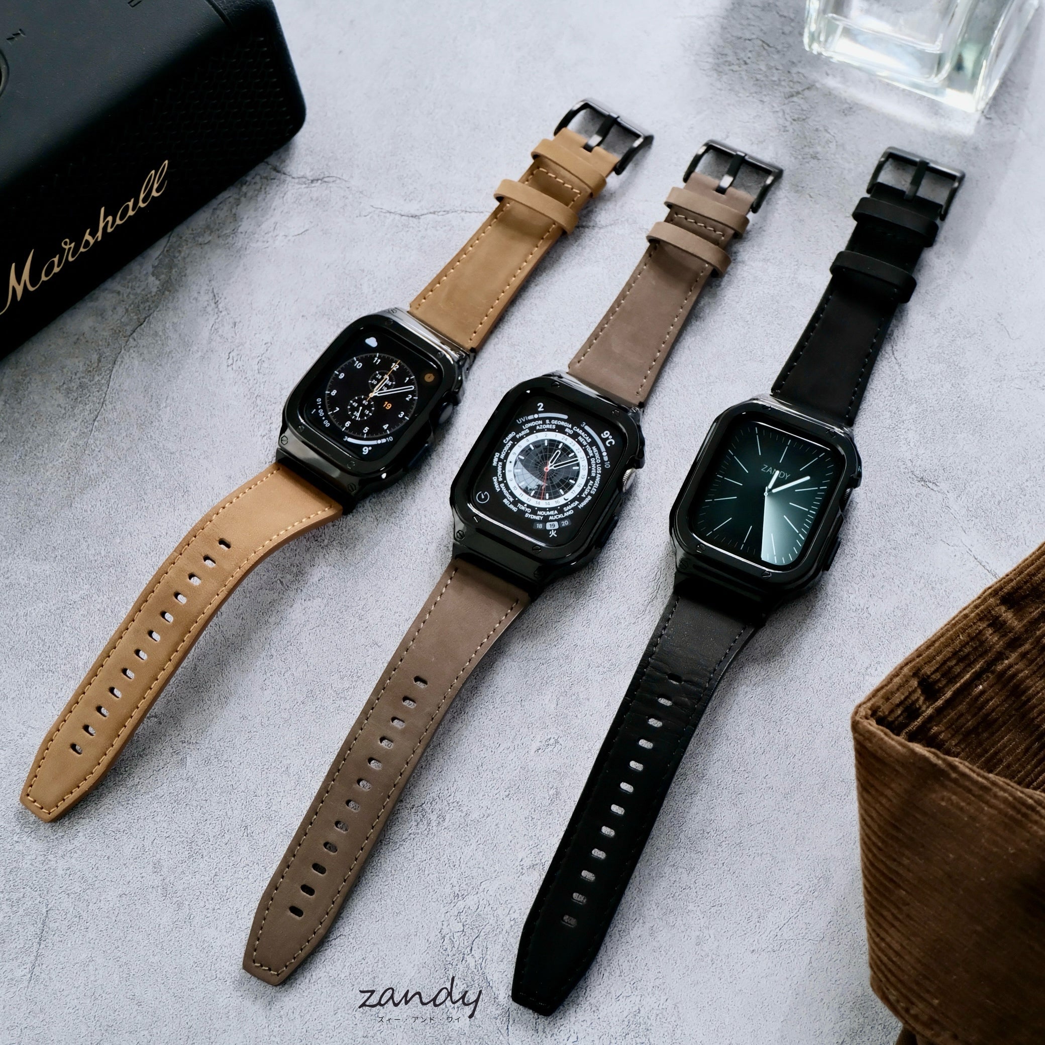 【ブラックステンレス&レザー一体式バンド】ステンレスケース+レザーベルト一体式  Apple Watch メイン画像