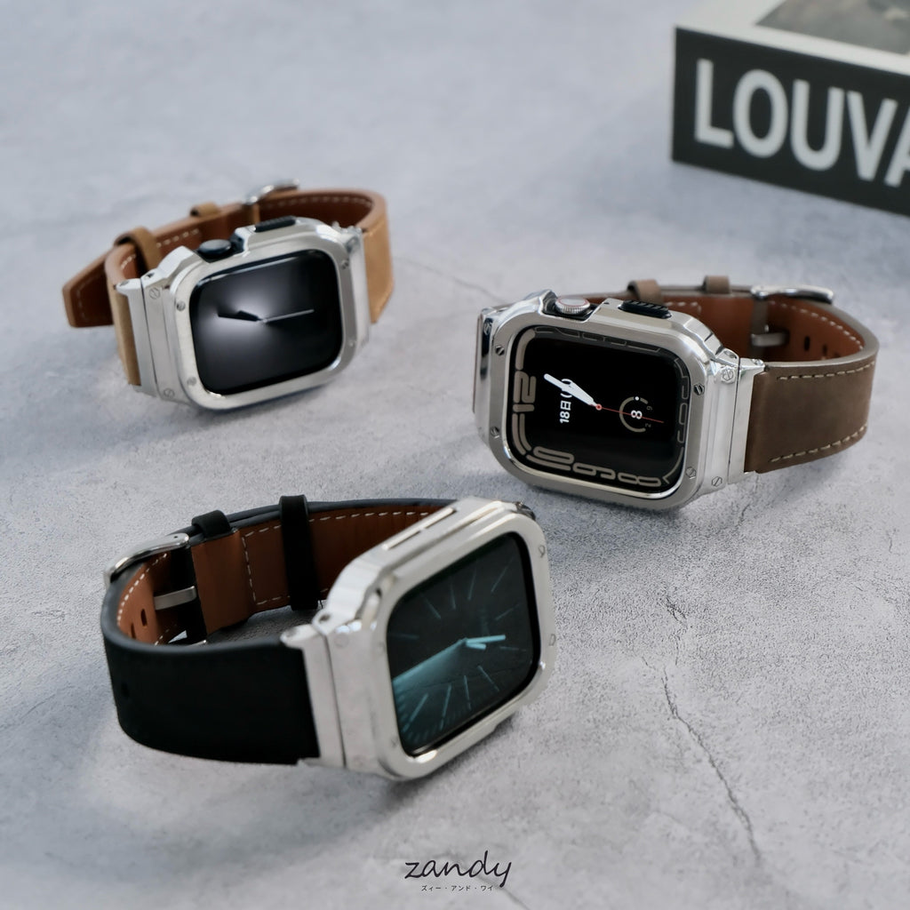 【シルバーステンレス&レザー一体式バンド】ステンレスケース+レザーベルト一体式  Apple Watch