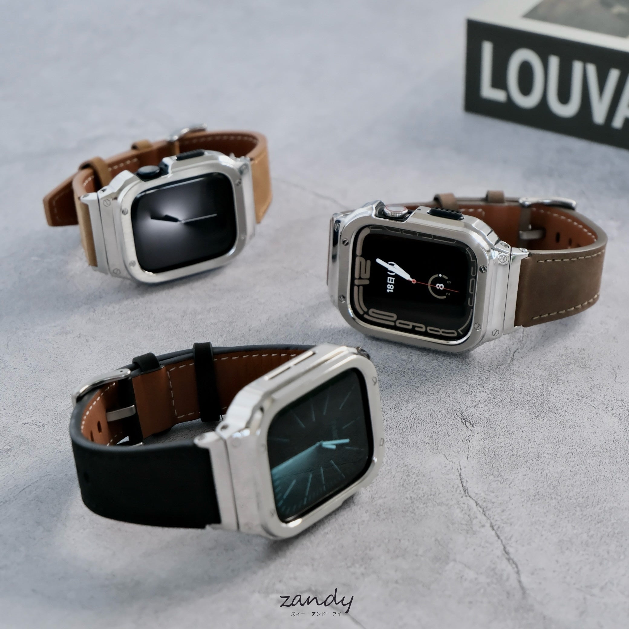 【シルバーステンレス&レザー一体式バンド】ステンレスケース+レザーベルト一体式  Apple Watch