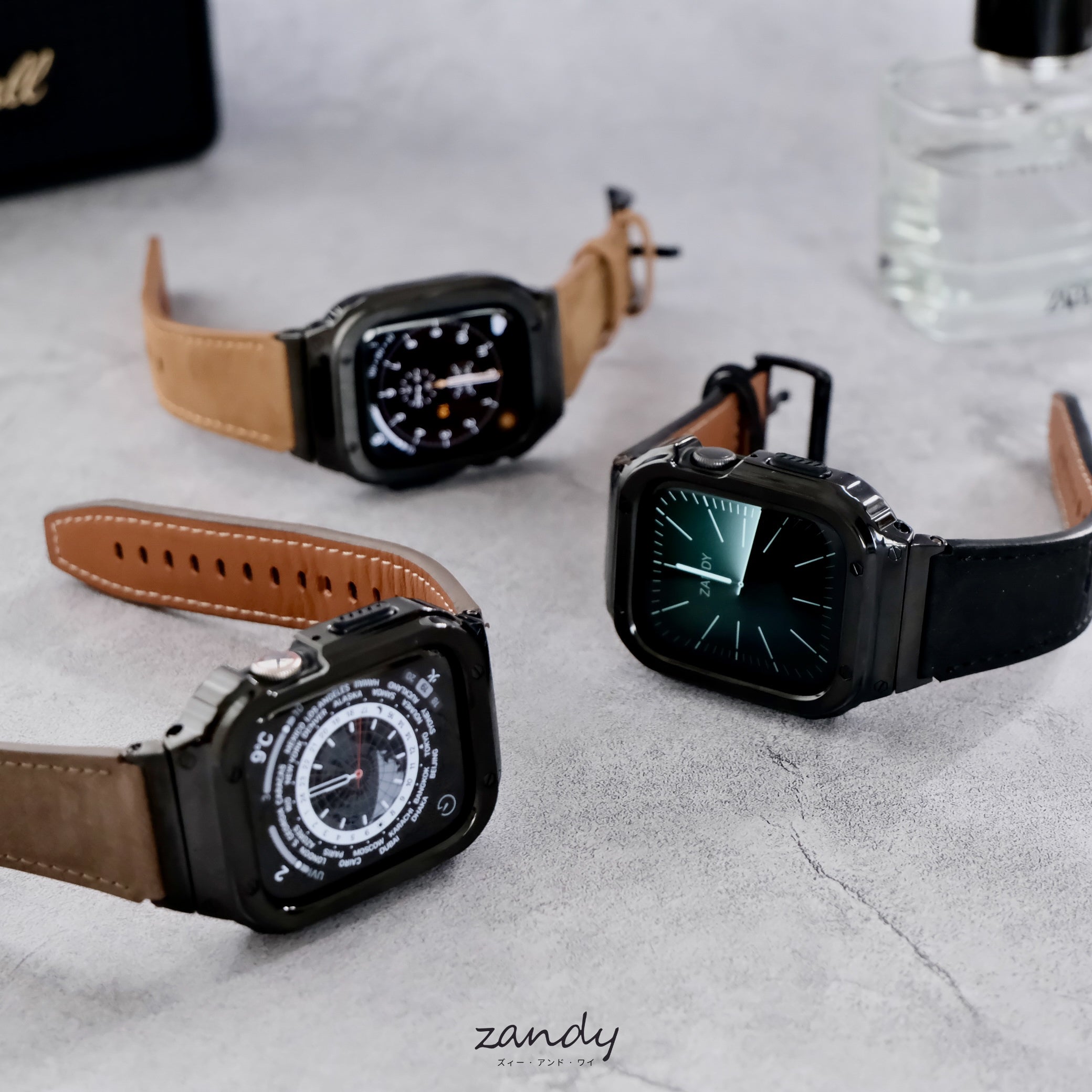 【ブラックステンレス&レザー一体式バンド】ステンレスケース+レザーベルト一体式  Apple Watch