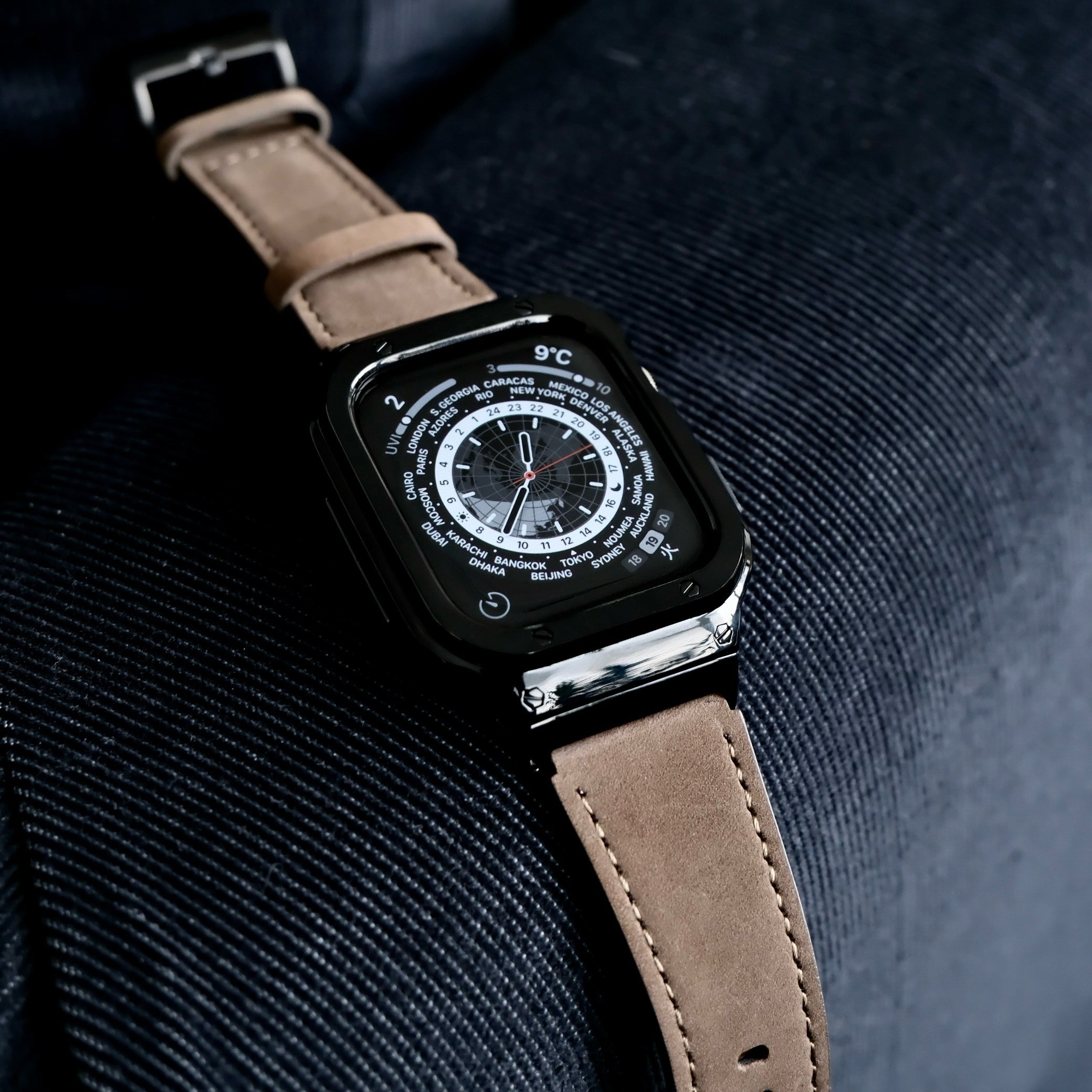 【ブラックステンレス&レザー一体式バンド】ステンレスケース+レザーベルト一体式  Apple Watch