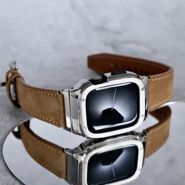 【シルバーステンレス&レザー一体式バンド】ステンレスケース+レザーベルト一体式  Apple Watch
