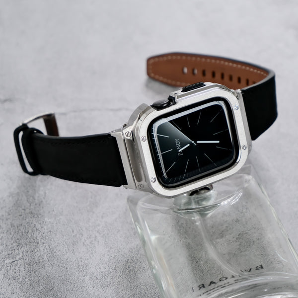 【シルバーステンレス&レザー一体式バンド】ステンレスケース+レザーベルト一体式  Apple Watch