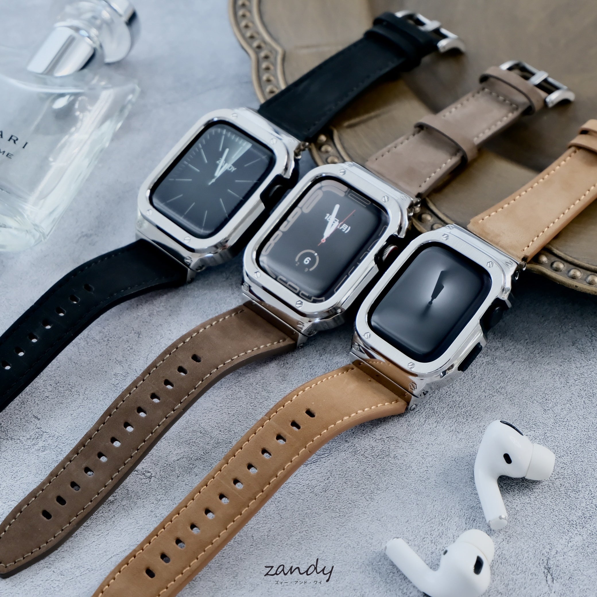 【シルバーステンレス&レザー一体式バンド】ステンレスケース+レザーベルト一体式  Apple Watch