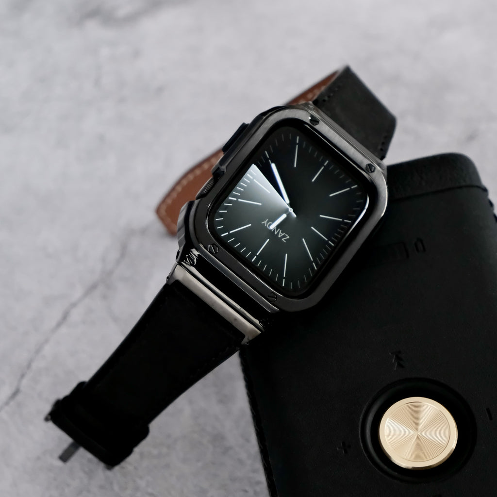 【ブラックステンレス&レザー一体式バンド】ステンレスケース+レザーベルト一体式  Apple Watch