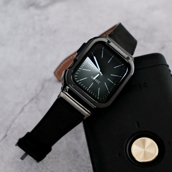 【ブラックステンレス&レザー一体式バンド】ステンレスケース+レザーベルト一体式  Apple Watch
