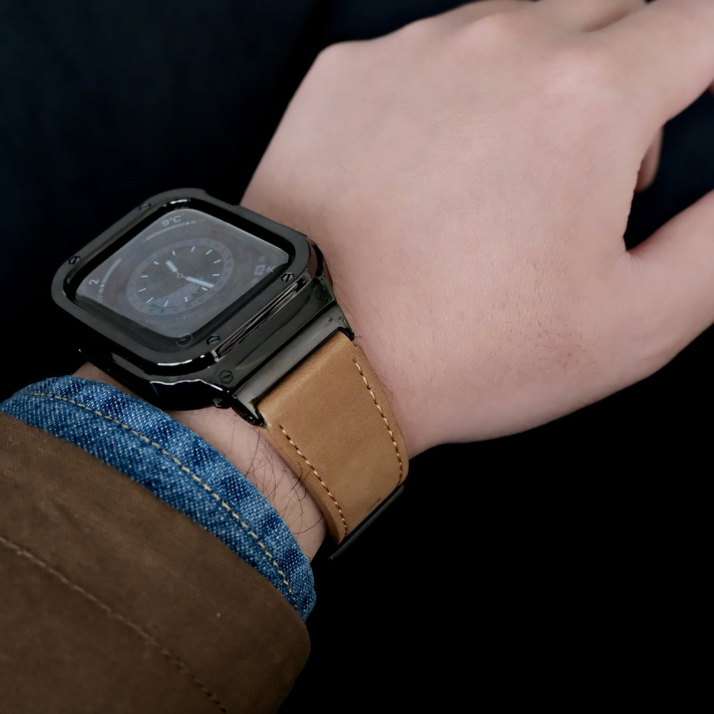 【ブラックステンレス&レザー一体式バンド】ステンレスケース+レザーベルト一体式  Apple Watch