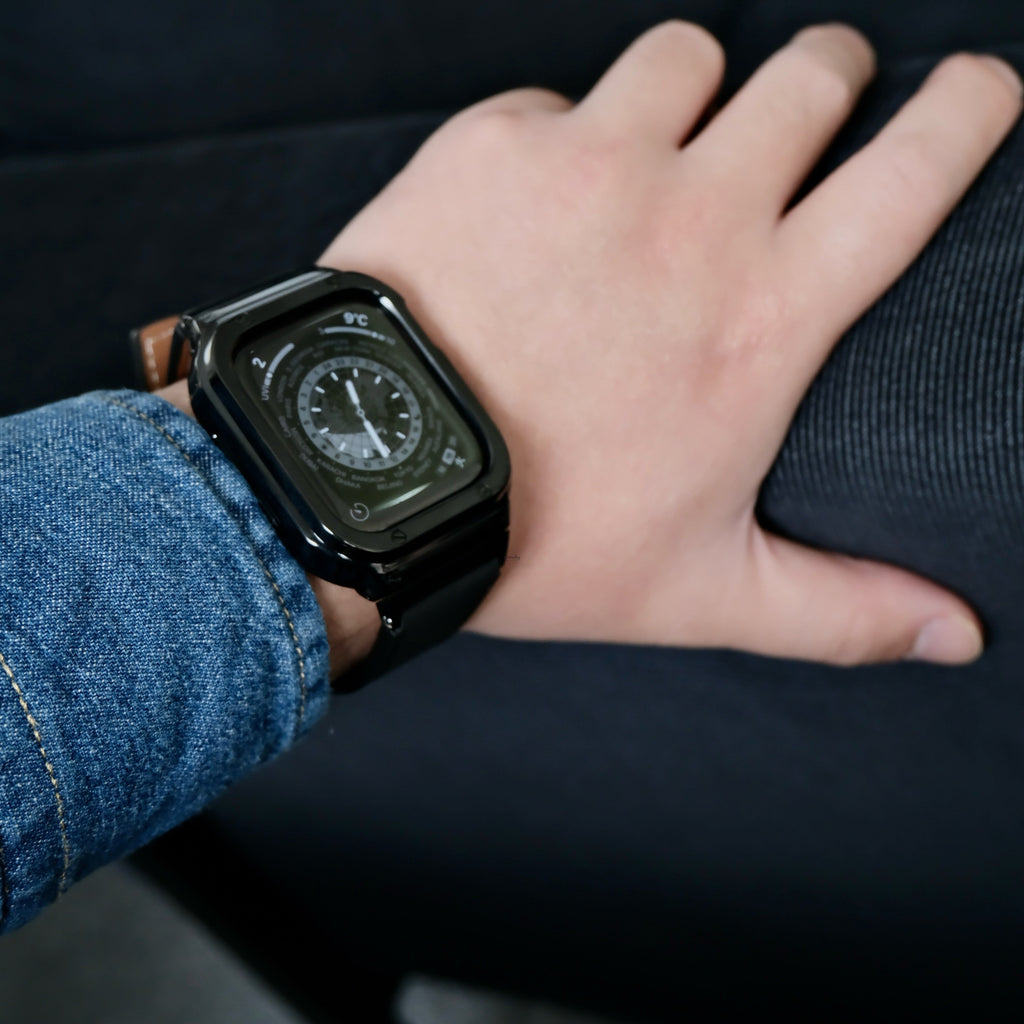 【ブラックステンレス&レザー一体式バンド】ステンレスケース+レザーベルト一体式  Apple Watch
