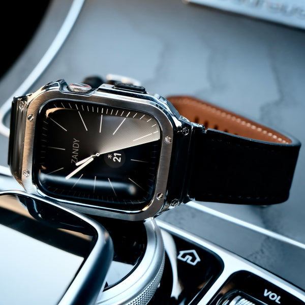 【シルバーステンレス&レザー一体式バンド】ステンレスケース+レザーベルト一体式  Apple Watch