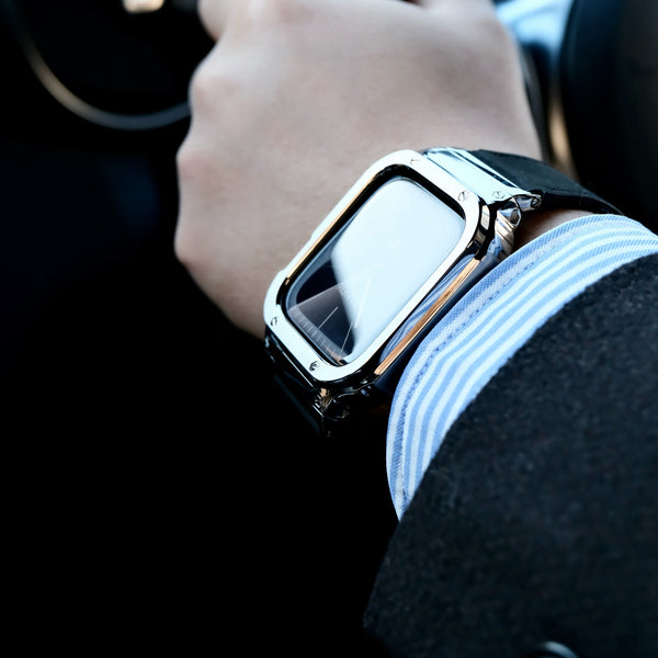 【シルバーステンレス&レザー一体式バンド】ステンレスケース+レザーベルト一体式  Apple Watch