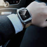 【シルバーステンレス&レザー一体式バンド】ステンレスケース+レザーベルト一体式  Apple Watch