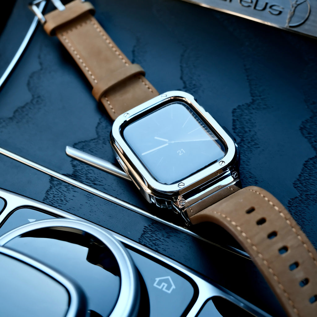 【シルバーステンレス&レザー一体式バンド】ステンレスケース+レザーベルト一体式  Apple Watch