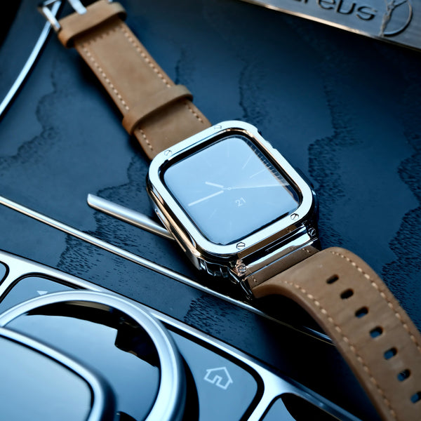 【シルバーステンレス&レザー一体式バンド】ステンレスケース+レザーベルト一体式  Apple Watch