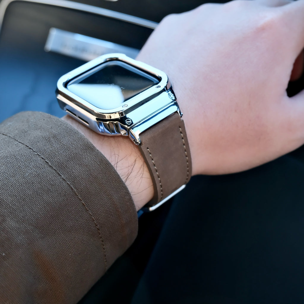 【シルバーステンレス&レザー一体式バンド】ステンレスケース+レザーベルト一体式  Apple Watch