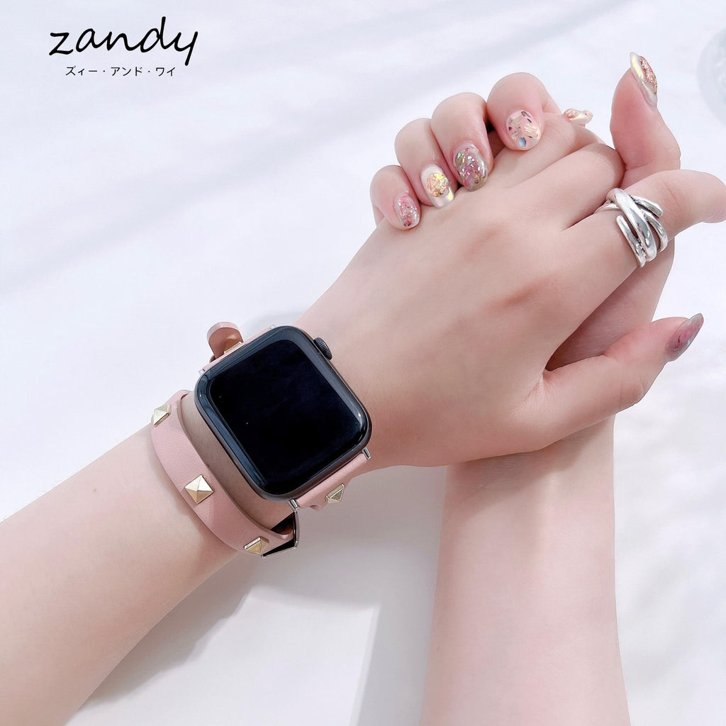 【スタッズ二重巻バンド】アップルウォッチバンド レザーベルト 二重巻  Apple Watch