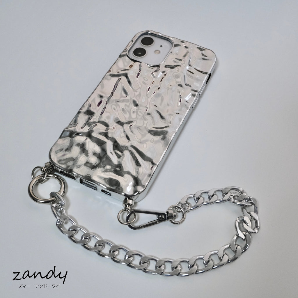 【iPhone12/13シリーズ】iPhoneケース  チェーン付き シルバー ケース/カバー TPU ホイル感覚