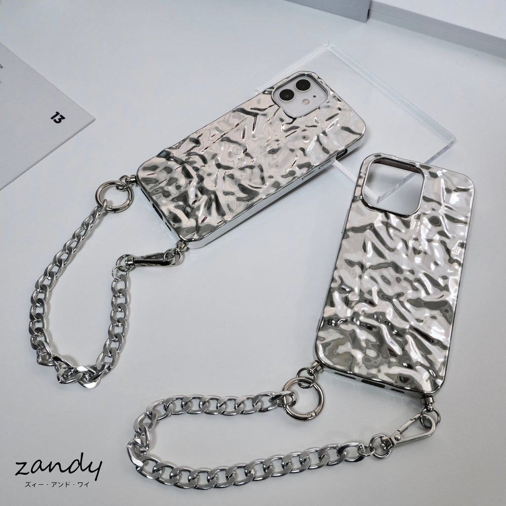 【iPhone12/13シリーズ】iPhoneケース  チェーン付き シルバー ケース/カバー TPU ホイル感覚