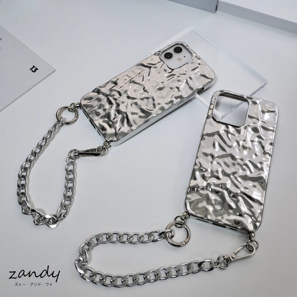 【iPhone12/13シリーズ】iPhoneケース  チェーン付き シルバー ケース/カバー TPU ホイル感覚