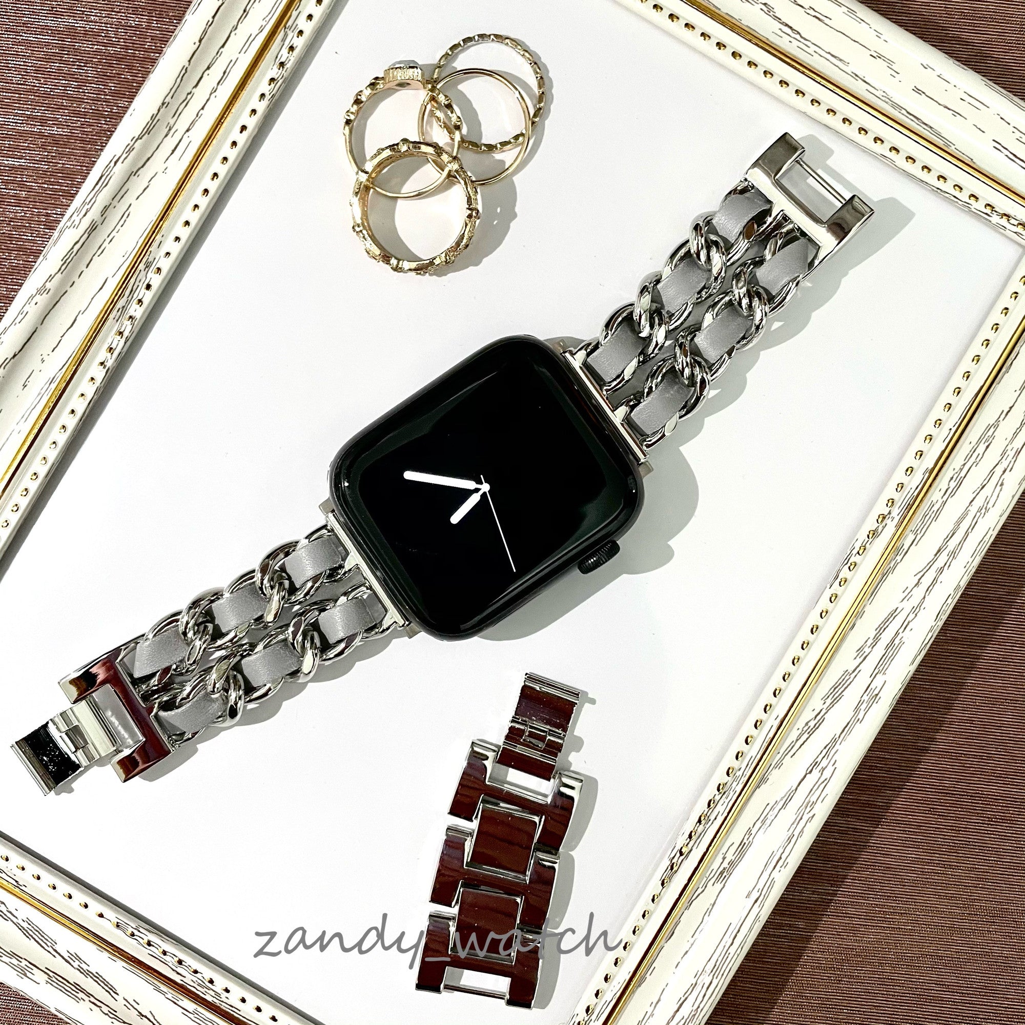 【シルバーチェーン×本革】アップルウォッチバンド　チェーン×レザーベルト Apple Watch