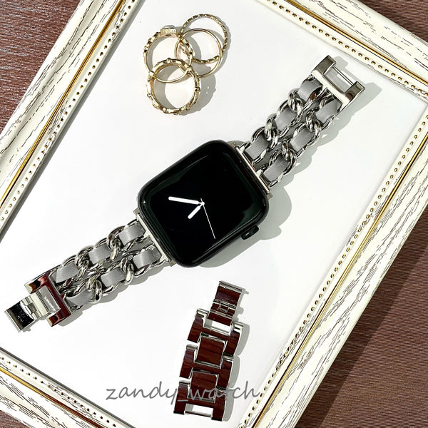 【シルバーチェーン×本革】アップルウォッチバンド　チェーン×レザーベルト Apple Watch