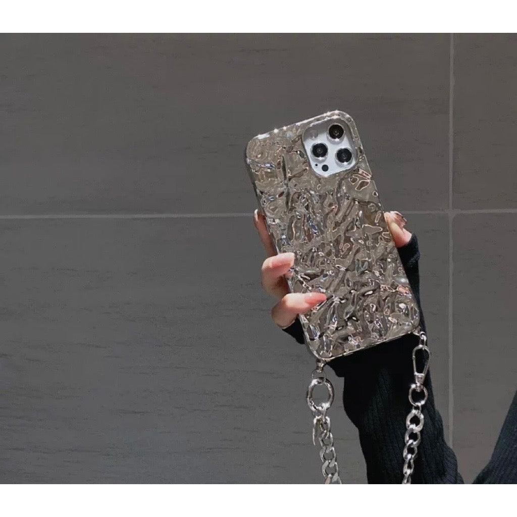 【iPhone12/13シリーズ】iPhoneケース  チェーン付き シルバー ケース/カバー TPU ホイル感覚