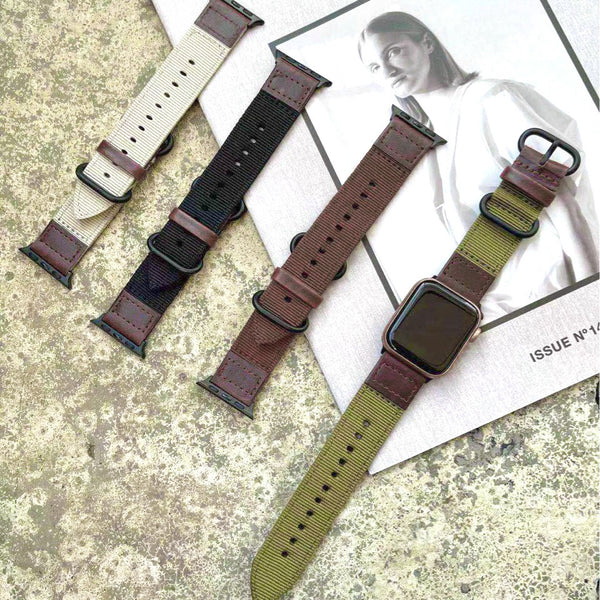 【キャンバス&レザーバンド】アップルウォッチバンド 本革 キャンバス ナイロン ベルト  Apple Watch