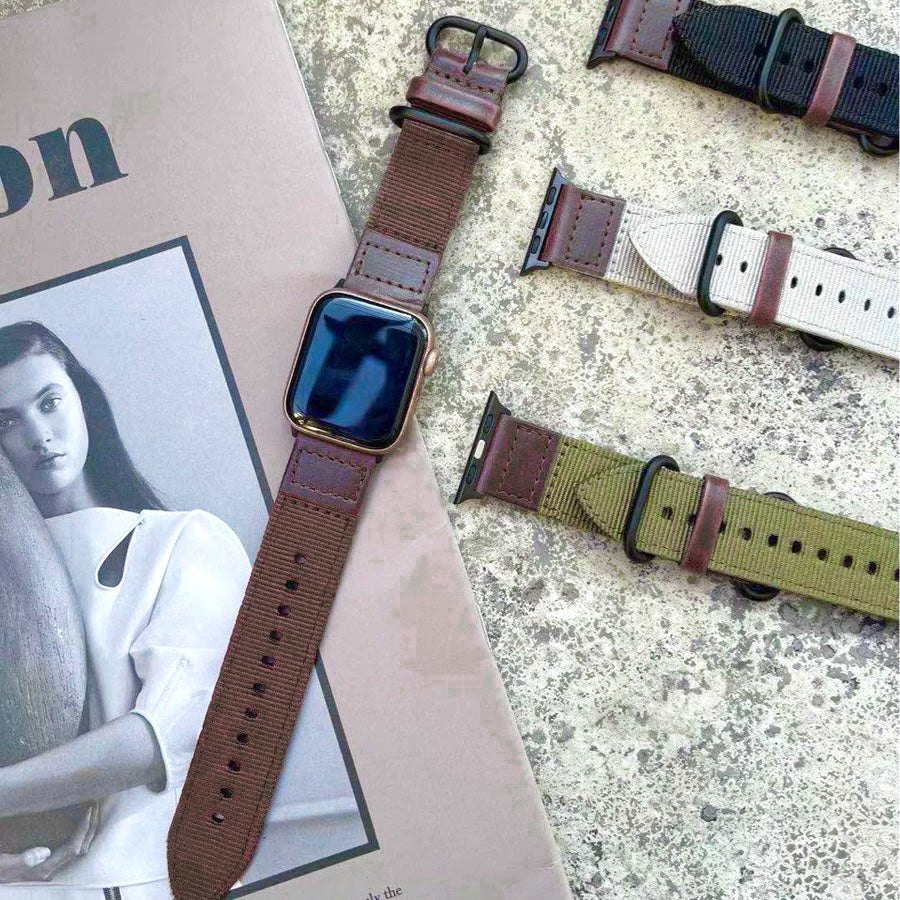 【キャンバス&レザーバンド】アップルウォッチバンド 本革 キャンバス ナイロン ベルト  Apple Watch