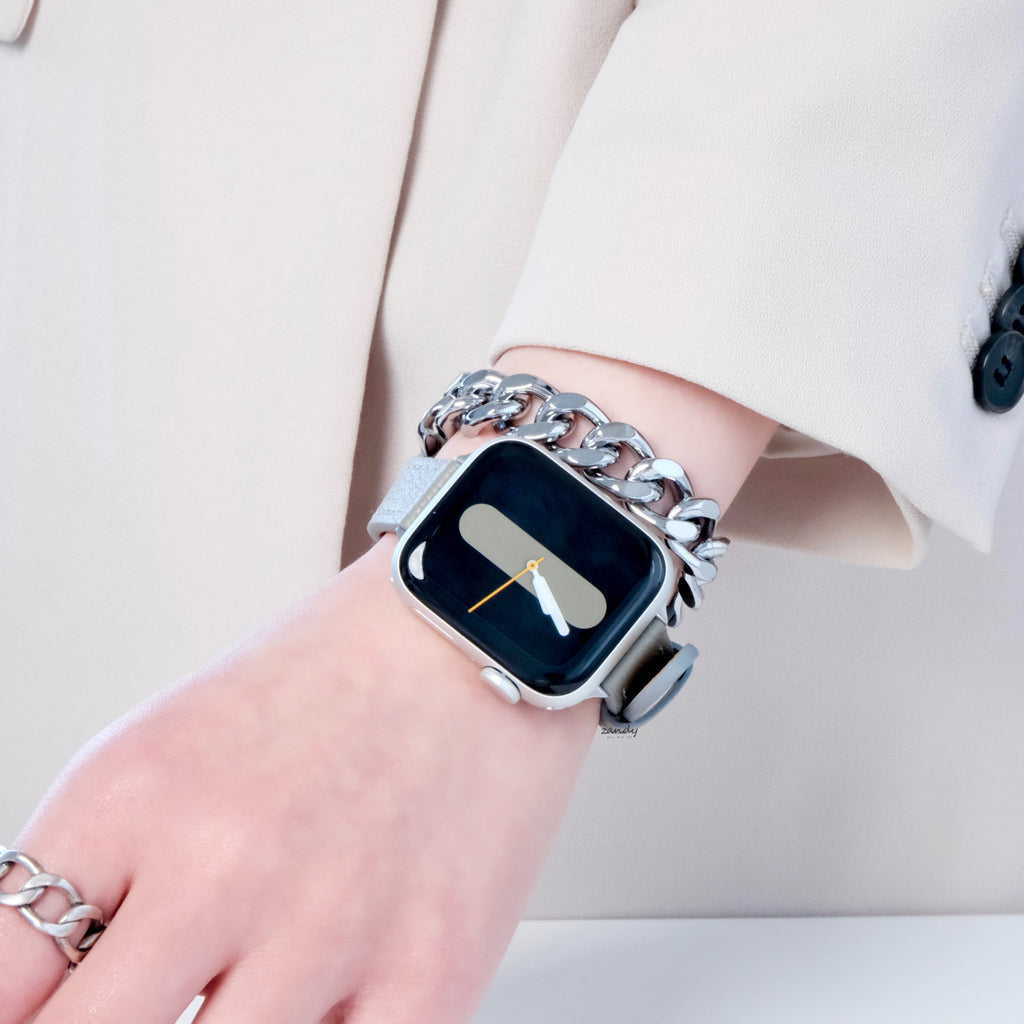 【チェーン&レザー二重巻バンド】アップルウォッチバンド 二重巻デザインベルト  Apple Watch