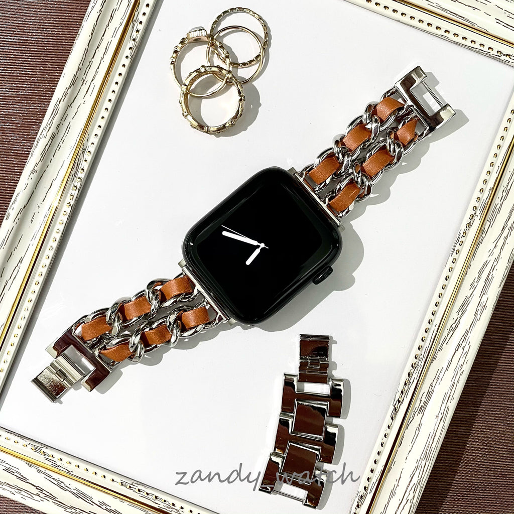 【シルバーチェーン×本革】アップルウォッチバンド　チェーン×レザーベルト Apple Watch