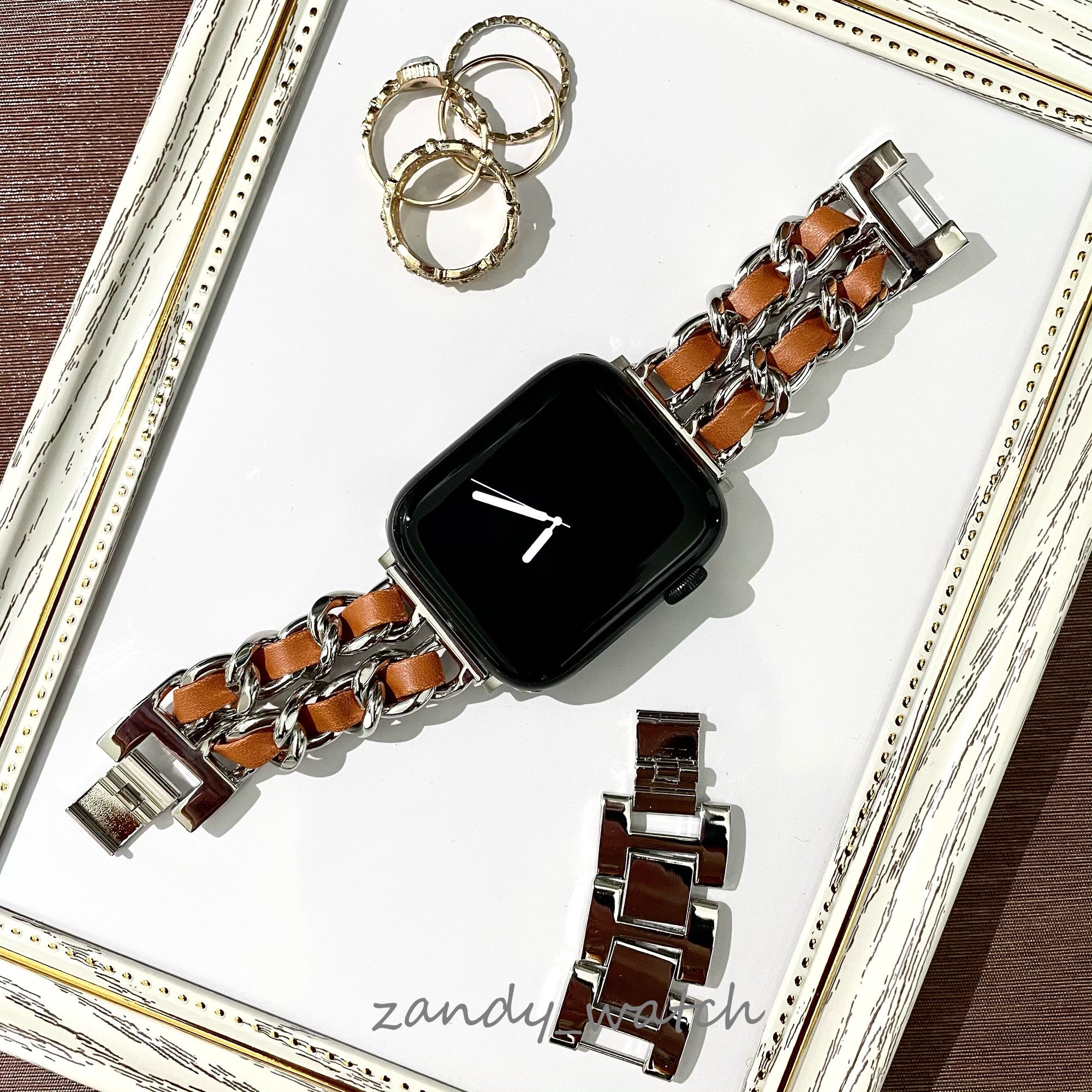 【シルバーチェーン×本革】アップルウォッチバンド　チェーン×レザーベルト Apple Watch