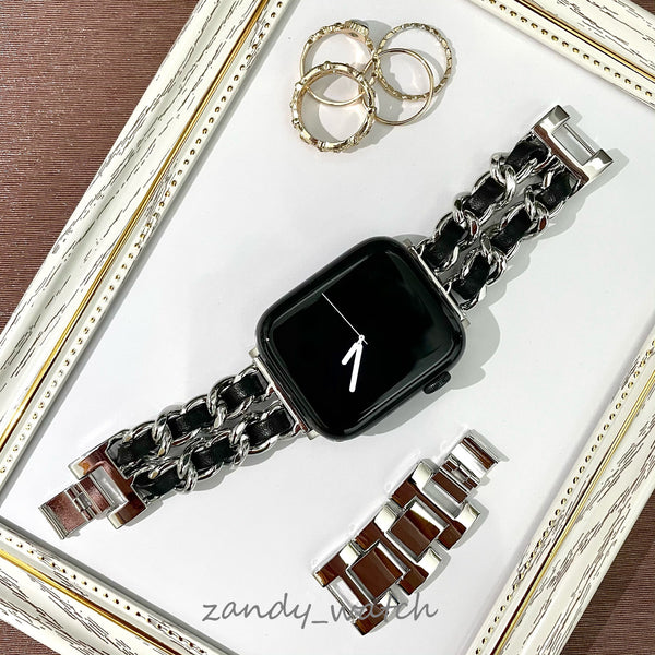 【シルバーチェーン×本革】アップルウォッチバンド　チェーン×レザーベルト Apple Watch