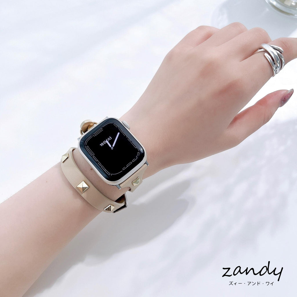 【スタッズ二重巻バンド】アップルウォッチバンド レザーベルト 二重巻  Apple Watch
