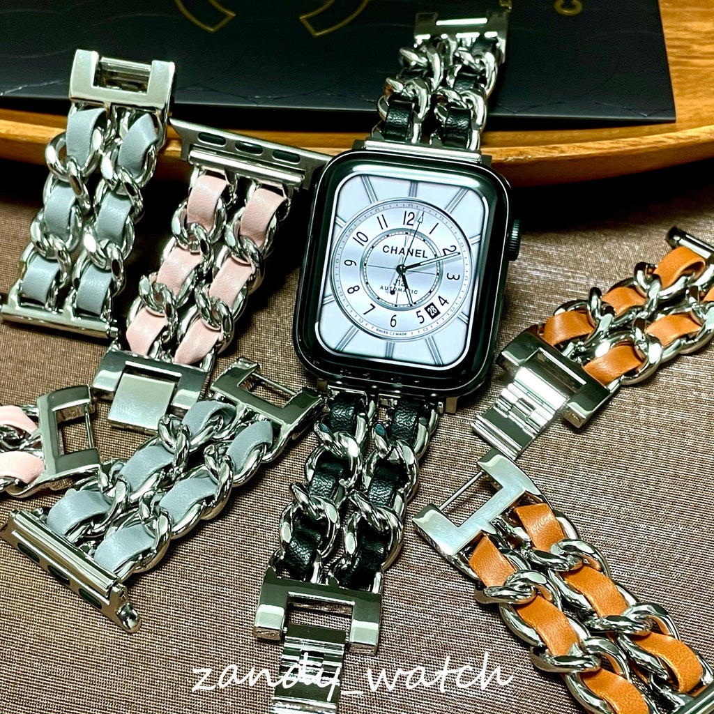 【シルバーチェーン×本革】アップルウォッチバンド　チェーン×レザーベルト Apple Watch