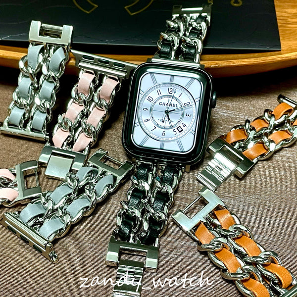 【シルバーチェーン×本革】アップルウォッチバンド　チェーン×レザーベルト Apple Watch