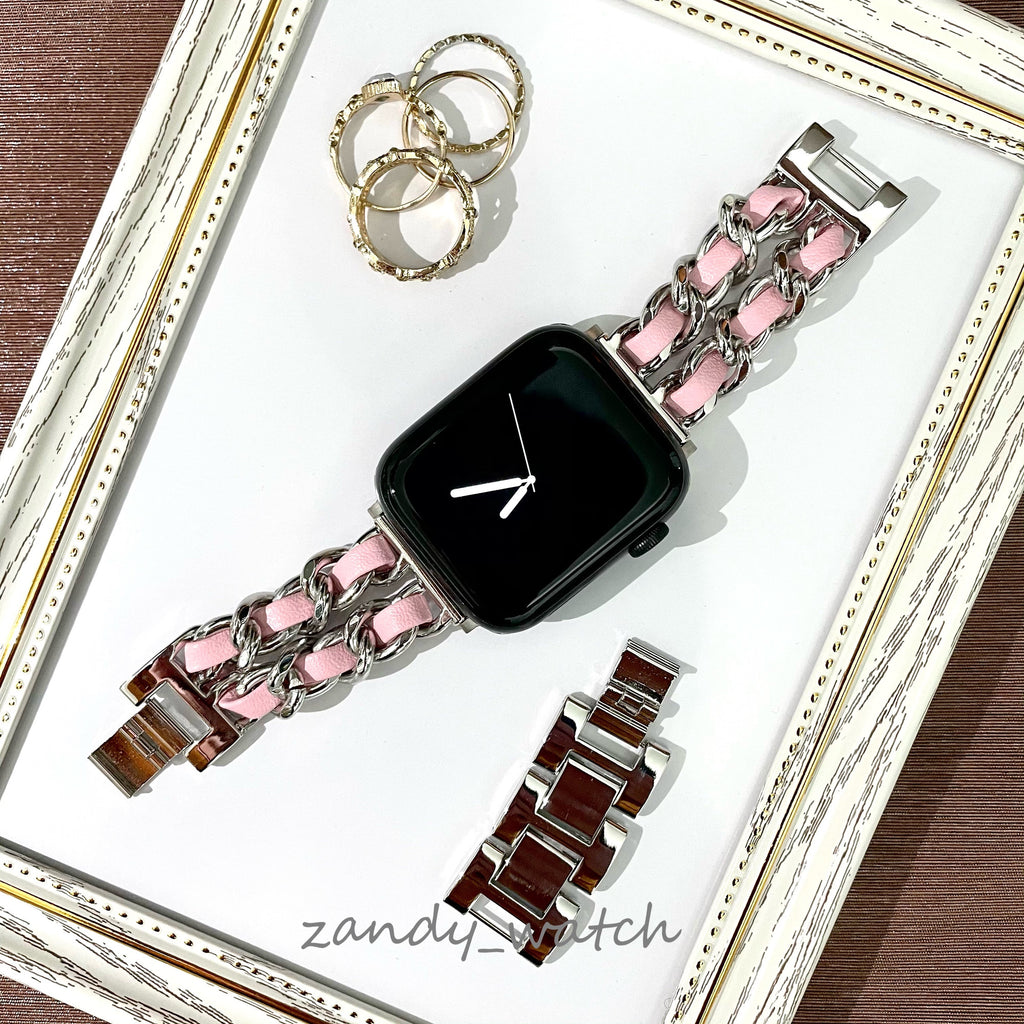 【シルバーチェーン×本革】アップルウォッチバンド　チェーン×レザーベルト Apple Watch