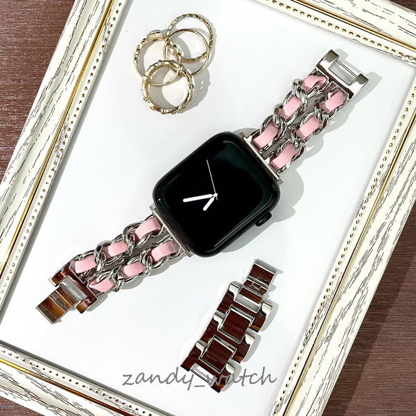 【シルバーチェーン×本革】アップルウォッチバンド　チェーン×レザーベルト Apple Watch